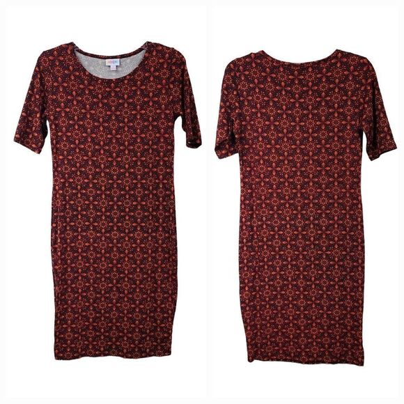 LuLaRoe Julia Knit Dress Red Floral Tile Fitted Knee Length Sheath Work Casual - Picture 2 of 8